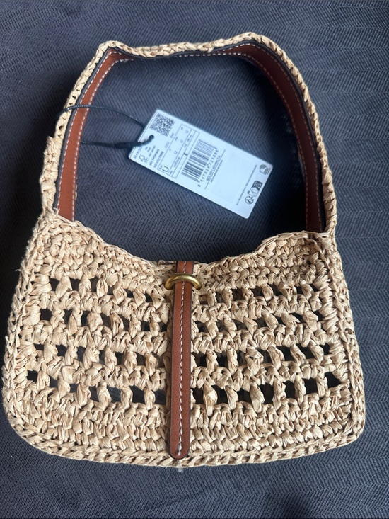 Mango Handbags - Mango Woven Straw Shoulder Bag with Brown Leather Trim